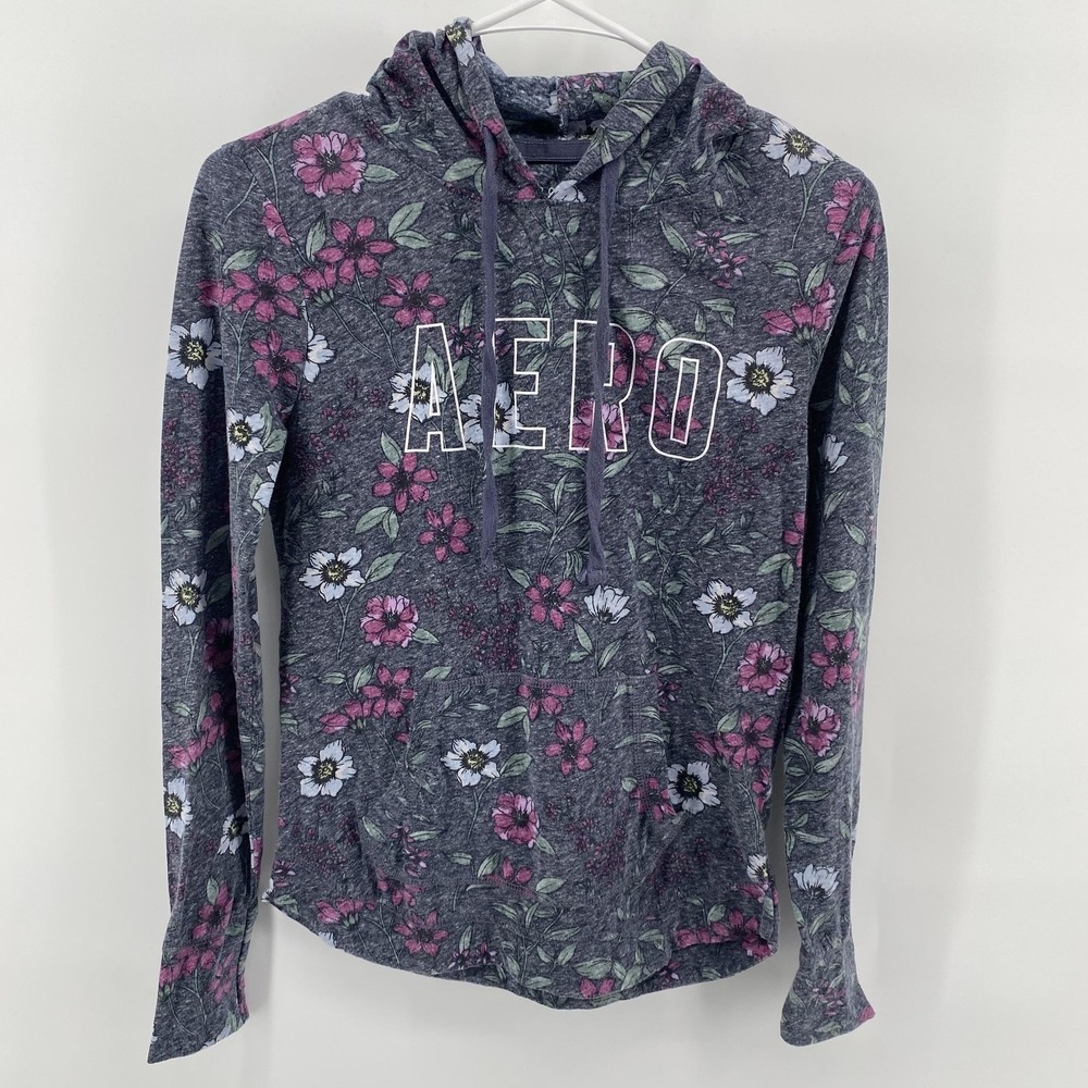 Aeropostale Hoodie Womens Medium Gray Floral AERO Logo Pullover Lightweight Knit